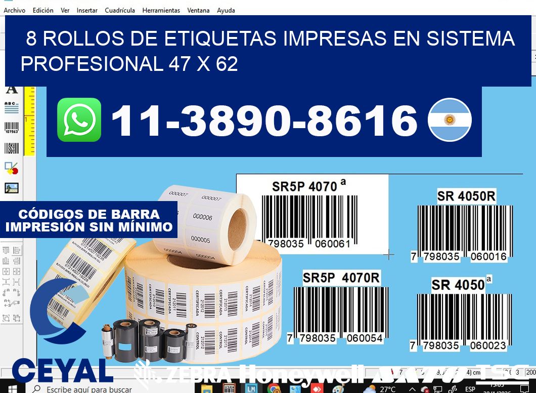 8 rollos de etiquetas impresas en sistema profesional 47 x 62