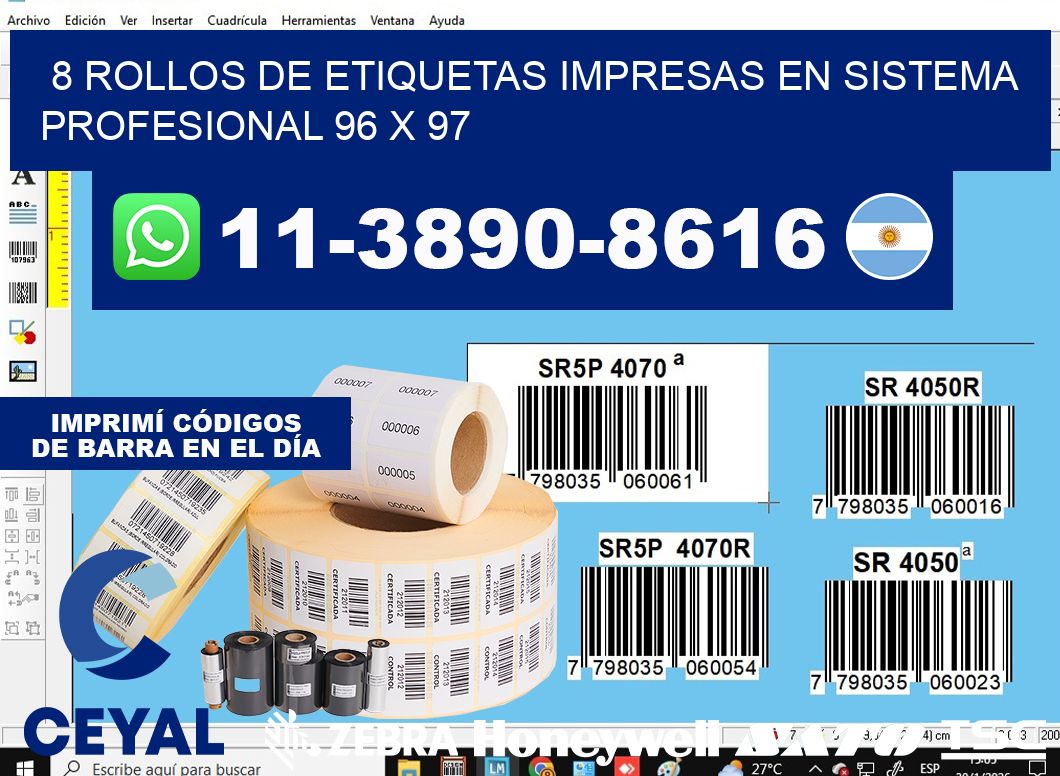 8 rollos de etiquetas impresas en sistema profesional 96 x 97