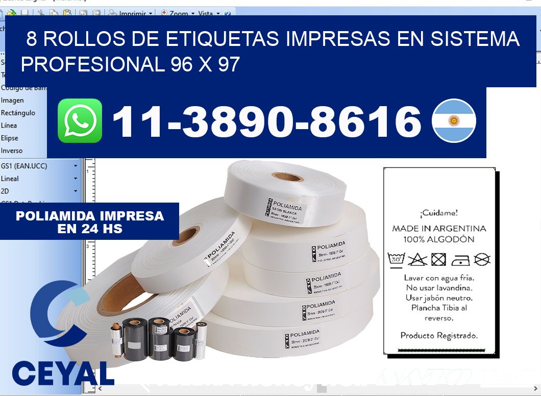 8 rollos de etiquetas impresas en sistema profesional 96 x 97