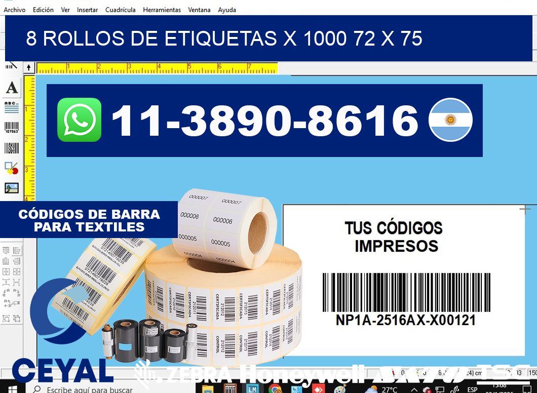 8 rollos de etiquetas x 1000 72 x 75
